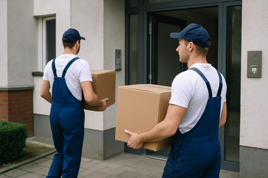 Möbeltransport Neuss – Professionelle Möbelträger tragen Kartons in ein Neusser Wohnhaus